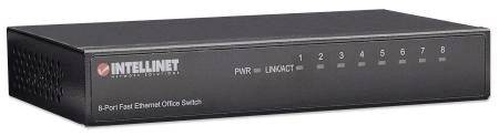 Ein schwarzer 8-Port Fast Ethernet Switch von Intellinet für Büroanwendungen, mit LED-Anzeigen für jeden Port.