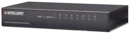 Ein 8-Port Fast Ethernet Office Switch von Intellinet, schwarz, zur Netzwerkverbindung. Ports sind nummeriert von 1 bis 8.