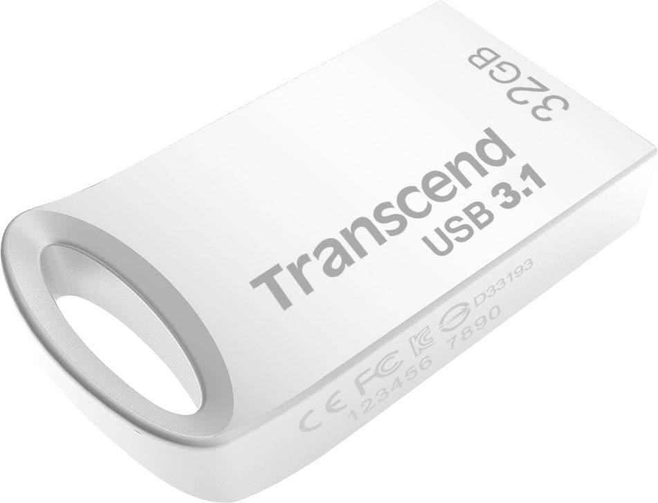 Ein weißer USB-Stick mit der Aufschrift 'Transcend USB 3.1', Speichergröße 32 GB. Kompakt und ohne Kappe.