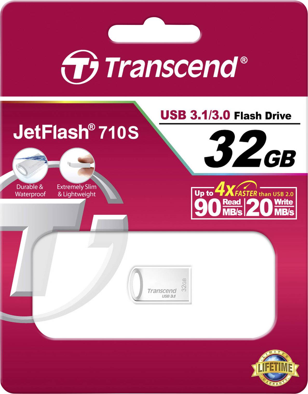 Transcend JetFlash 710S USB 3.1/3.0 Flash Drive, 32GB, bis zu 90MB/s Lesen, 20MB/s Schreiben, langlebig und wasserdicht, extrem schlank.