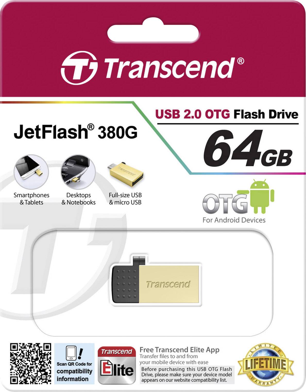 Transcend JetFlash® 380G USB-Zusatzspeicher Smartphone/Tablet Schwarz/Gold 64 GB USB 2.0, Micro USB 2.0