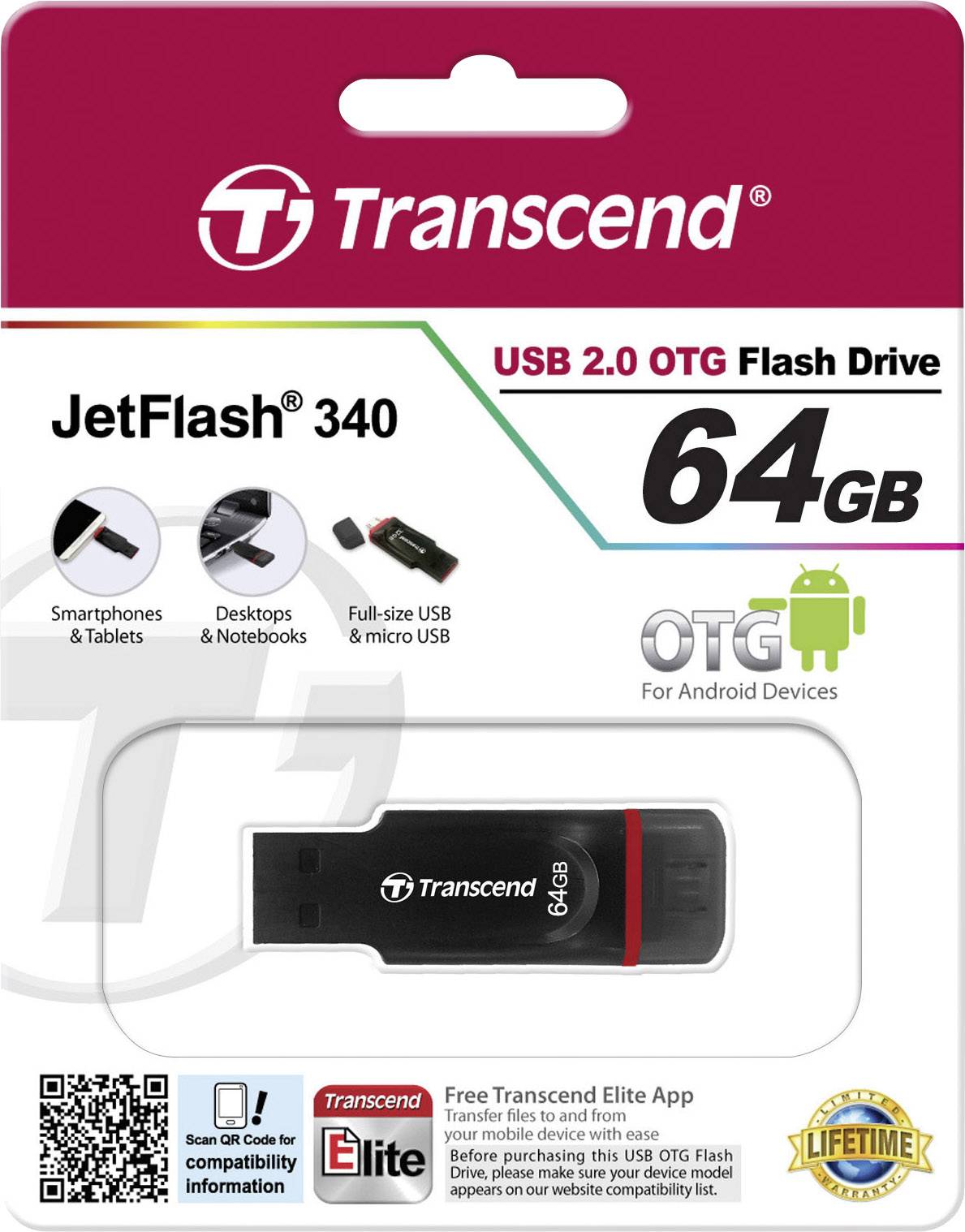 Transcend JetFlash® 340 USB-Zusatzspeicher Smartphone/Tablet Schwarz 64 GB USB 2.0, Micro USB 2.0