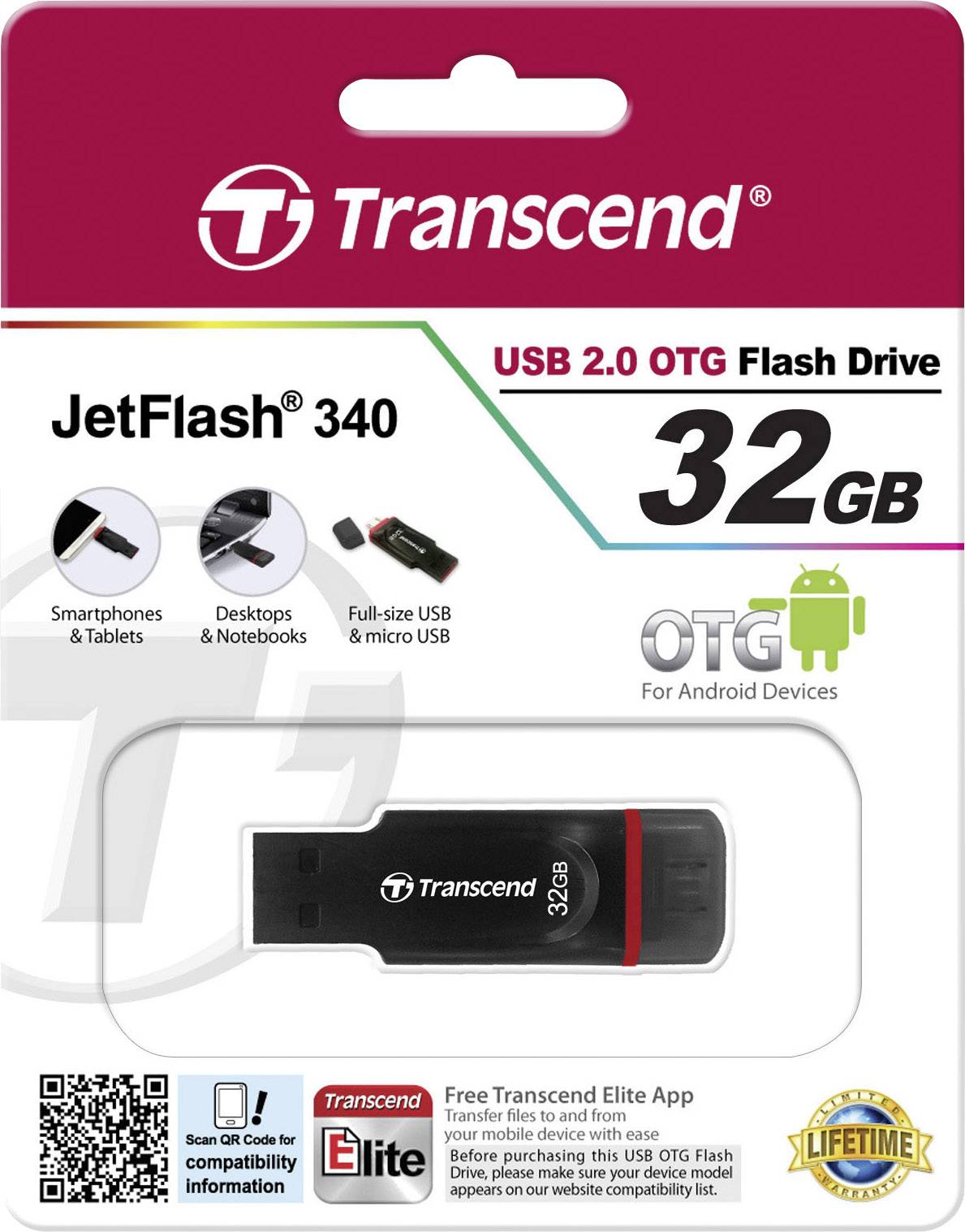 Transcend JetFlash® 340 USB-Zusatzspeicher Smartphone/Tablet Schwarz 32 GB USB 2.0, Micro USB 2.0