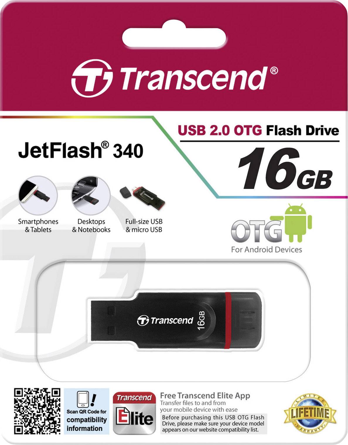 Transcend JetFlash® 340 USB-Zusatzspeicher Smartphone/Tablet Schwarz 16 GB USB 2.0, Micro USB 2.0