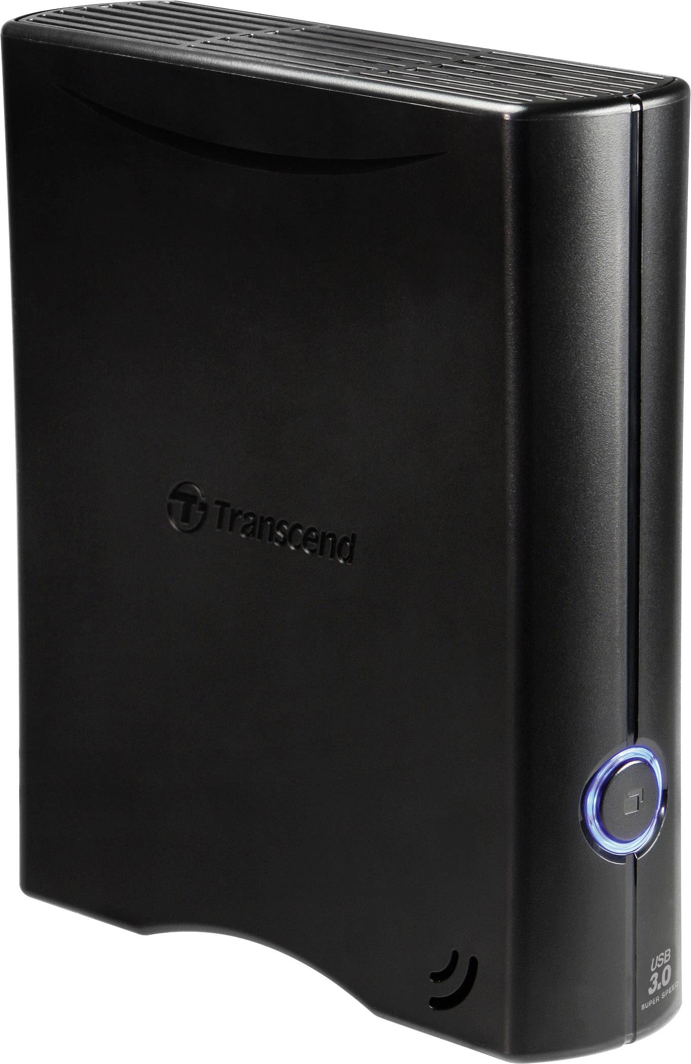 Externe schwarze Festplatte von Transcend mit USB 3.0-Anschluss, vertikal aufgestellt. Ein blauer Ring leuchtet auf der Vorderseite.