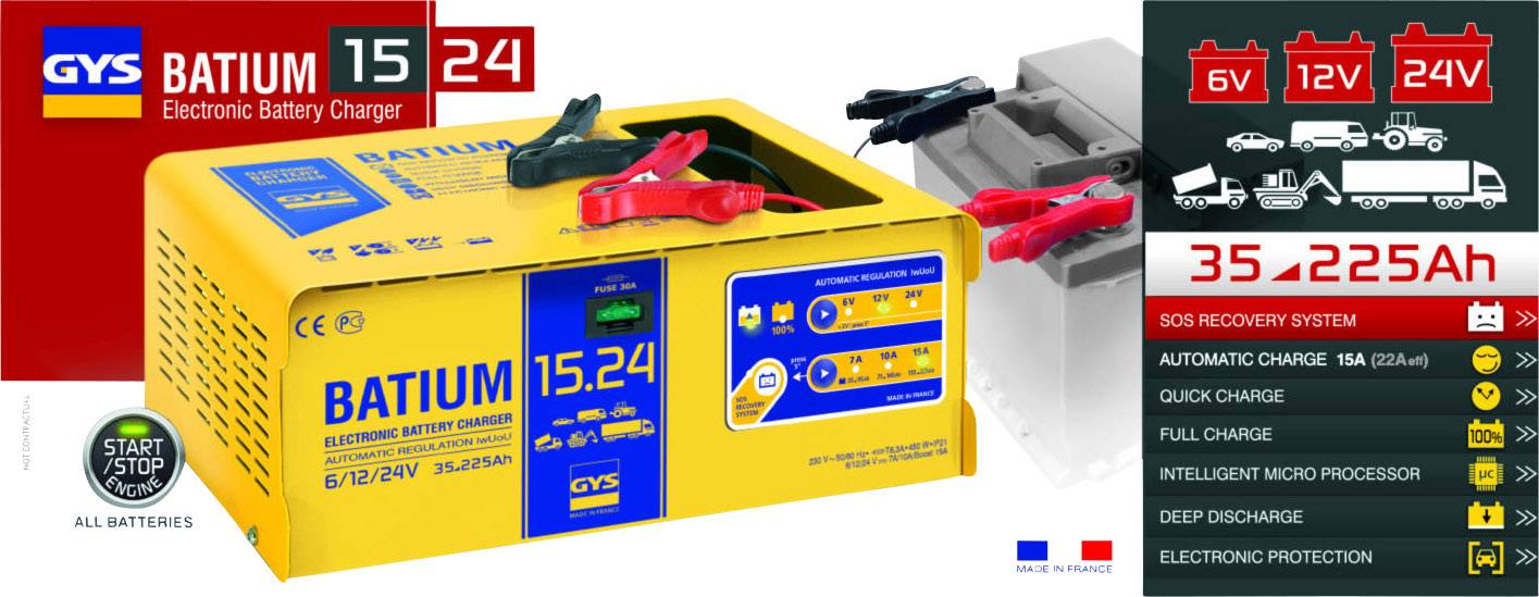 'BATIUM 15.24' elektronisches Batterieladegerät, geeignet für 6V, 12V, 24V Batterien. Display mit Betriebsanzeige. Unterstützt Start-Stopp-Batterien.