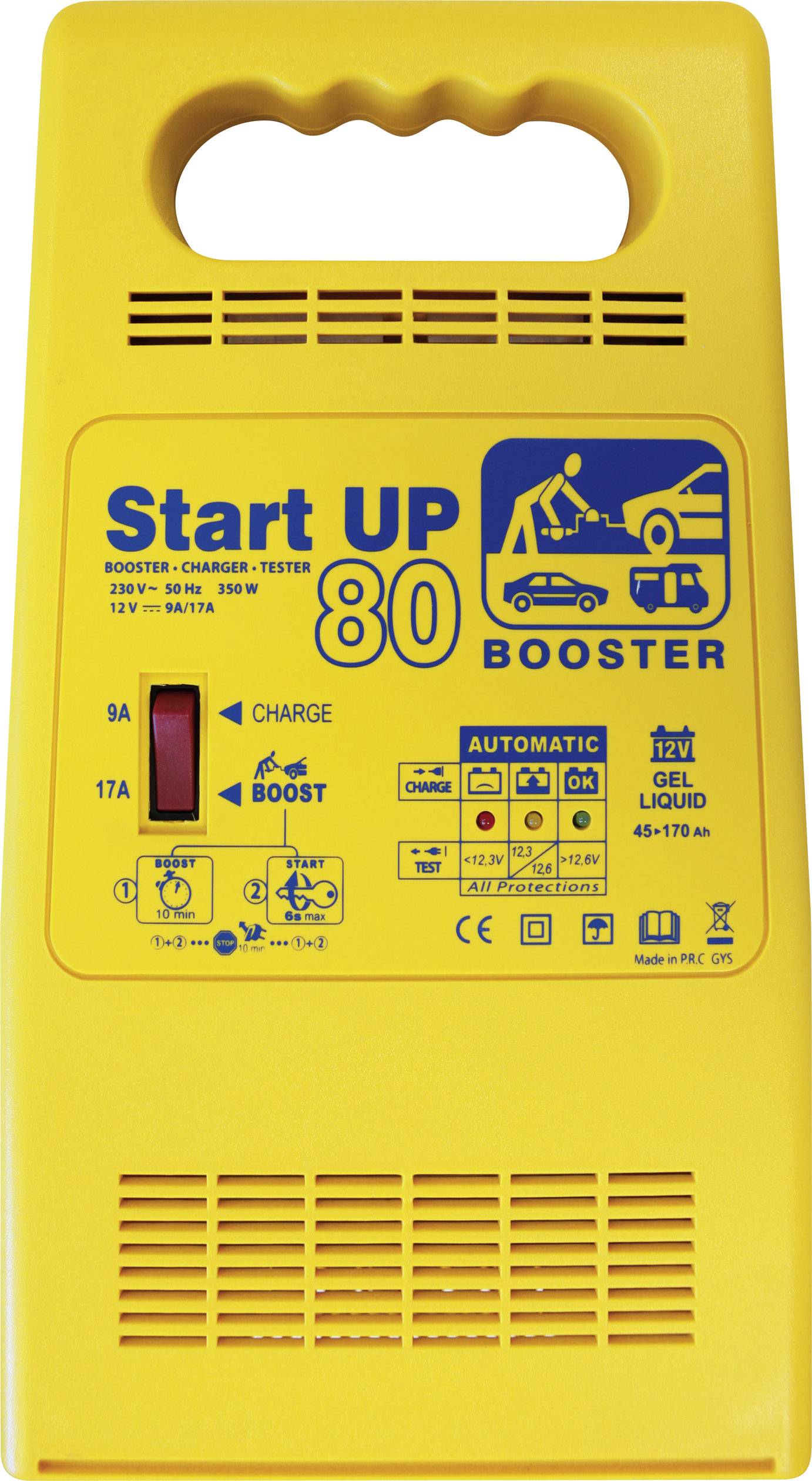 Gelbe Autobatterie-Ladegerät mit der Aufschrift 'Start UP 80 BOOSTER'. Zeigt Symbole für Laden, automatisches Boost und Sicherheitswarnungen.