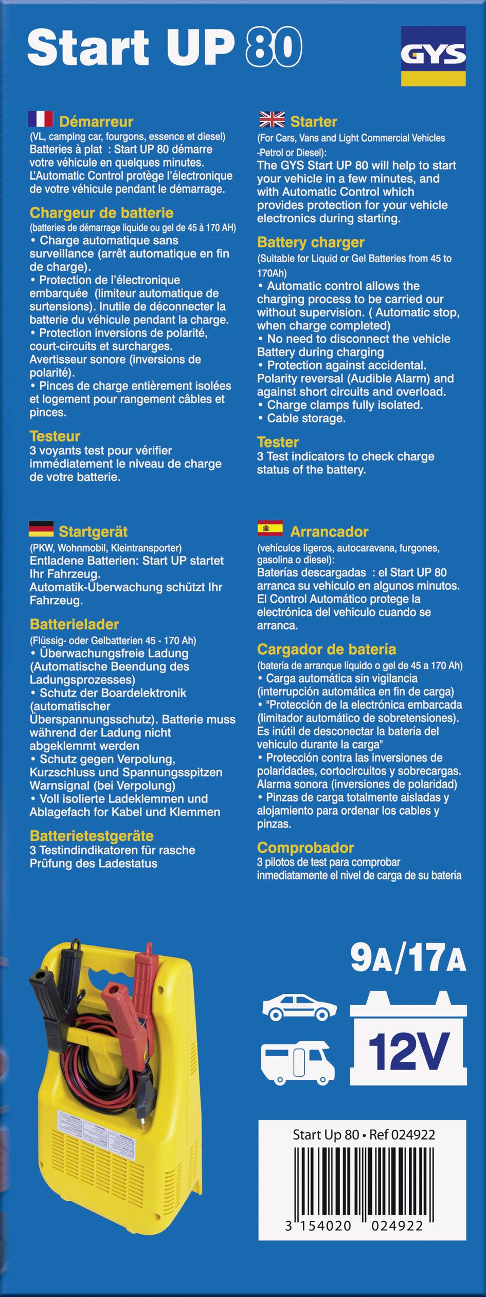 Blauer Hintergrund mit Text in mehreren Sprachen. Unten ist ein gelbes Batterie-Ladegerät mit Kabeln abgebildet. Text beschreibt Funktionen und technischen Details des Produkts 