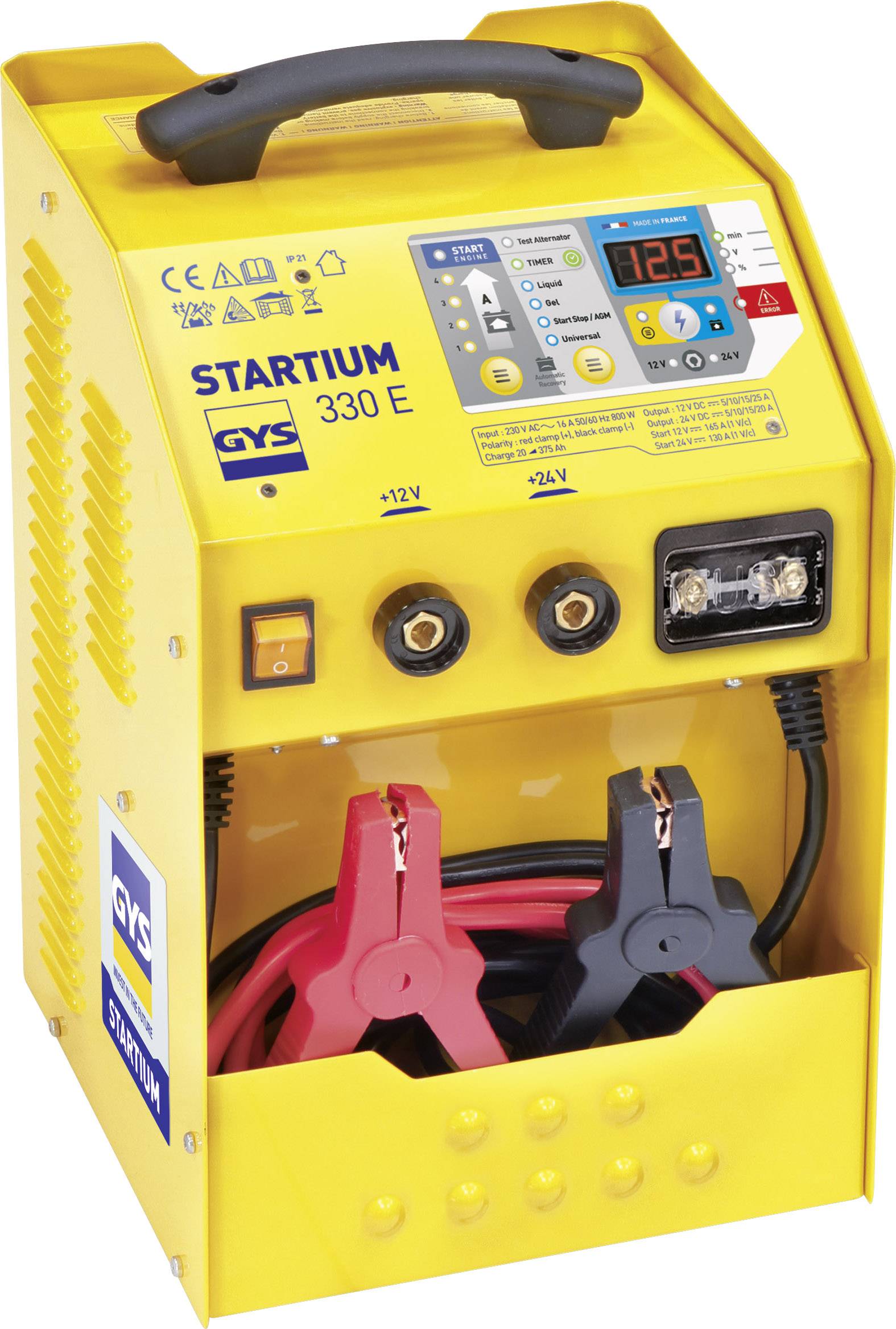 Gelbes Starthilfegerät mit Digitalanzeige, zwei Anschlusskabeln und Tragegriff. Es zeigt 12,5 Volt an und ist für 12/24V-Batterien geeignet.