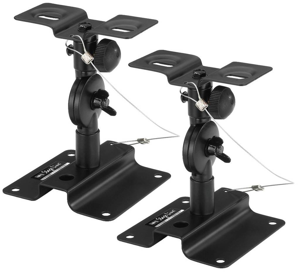 Schwarze Lautsprecherhalterungen mit verstellbaren Gelenken und Schrauben. Geeignet zur Wand- oder Deckenmontage von Lautsprechern.