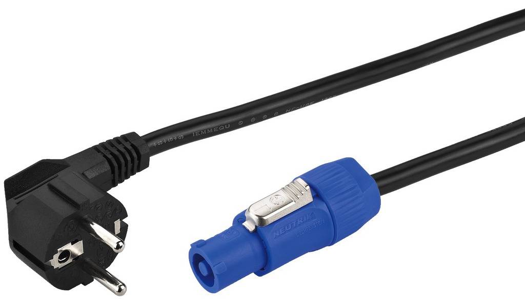 Ein schwarzes Netzkabel mit einem blauen Verriegelungsstecker und einem schwarzen Schukostecker, geeignet für die Stromversorgung von Geräten.