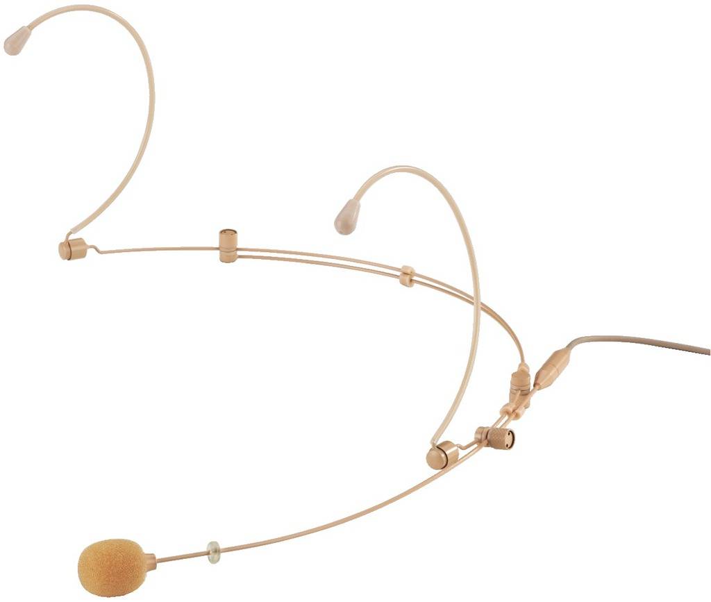 Ein hautfarbenes Headset-Mikrofon mit dünnem, biegsamem Bügel und Schaumstoff-Abdeckung für den Mikrofonkopf.