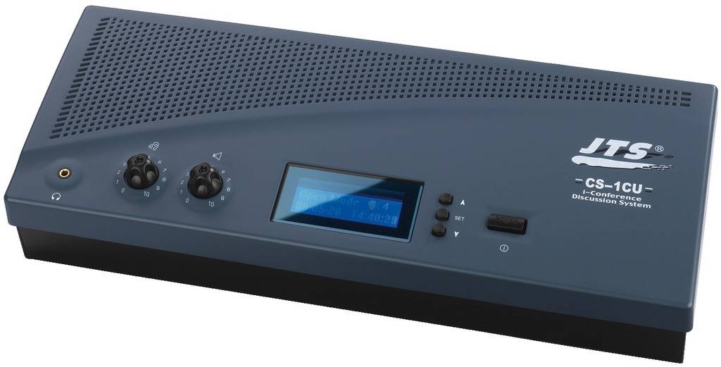'CS-1CU Konferenzsystem-Steuergerät' mit Display und Steuerungsdrehknöpfen, verwendet zur Verwaltung von Mikrofoneinheiten in Konferenzen.