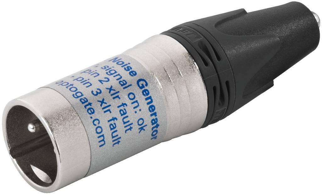 Ein zylindrisches elektronisches Gerät mit einem metallischen XLR-Stecker und schwarzem Kunststoffgriff, das als Rauschgenerator dient.