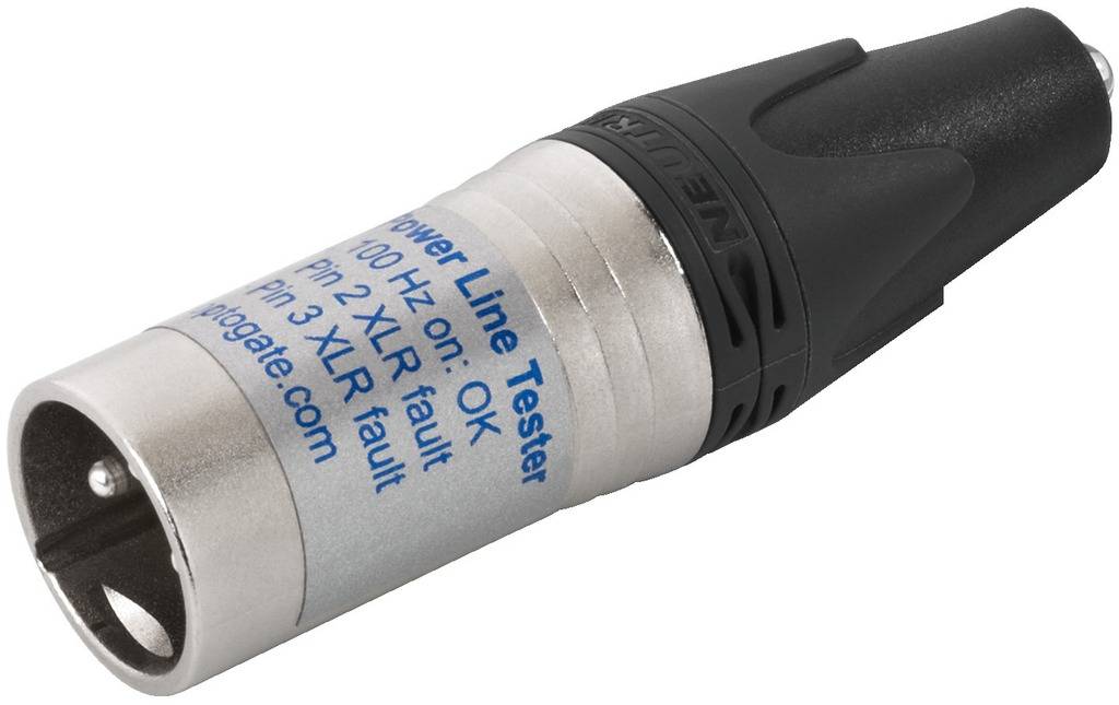 XLR-Steckertester in Metallausführung mit schwarzem Plastikgriff. Text auf dem Gerät beschreibt Diagnosefunktionen bei Verbindungsfehlern.
