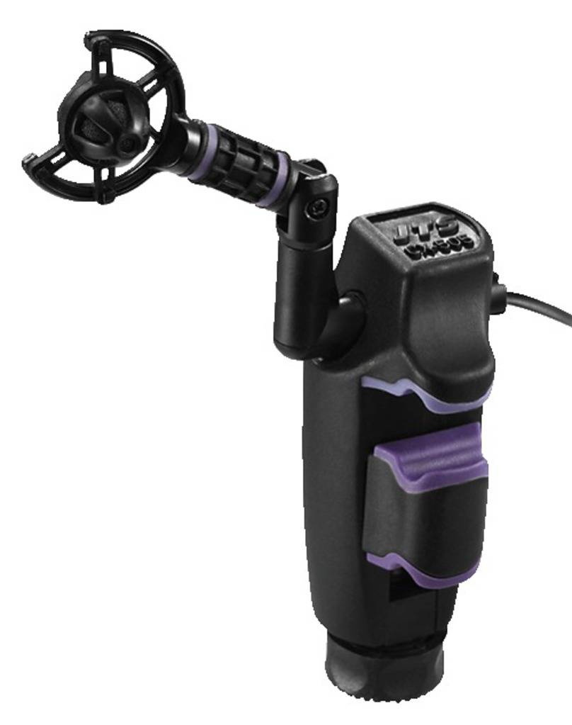 Ein Gerät mit einem verstellbaren Arm und einem Kopf mit einem Gitter. Der Körper hat zwei lila Akzente und einen Kabelanschluss.