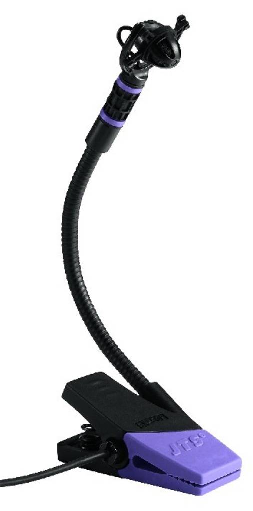 Ein Mikrofon mit flexiblem Schwanenhals und violettem Clip, geeignet zum Befestigen an Instrumenten für Live-Auftritte oder Aufnahmen.