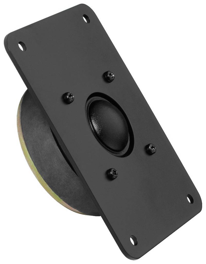 Rechteckiger schwarzer Lautsprecher mit vier Befestigungslöchern und zentralem Schalltrichter, geeignet für Audioanwendungen.
