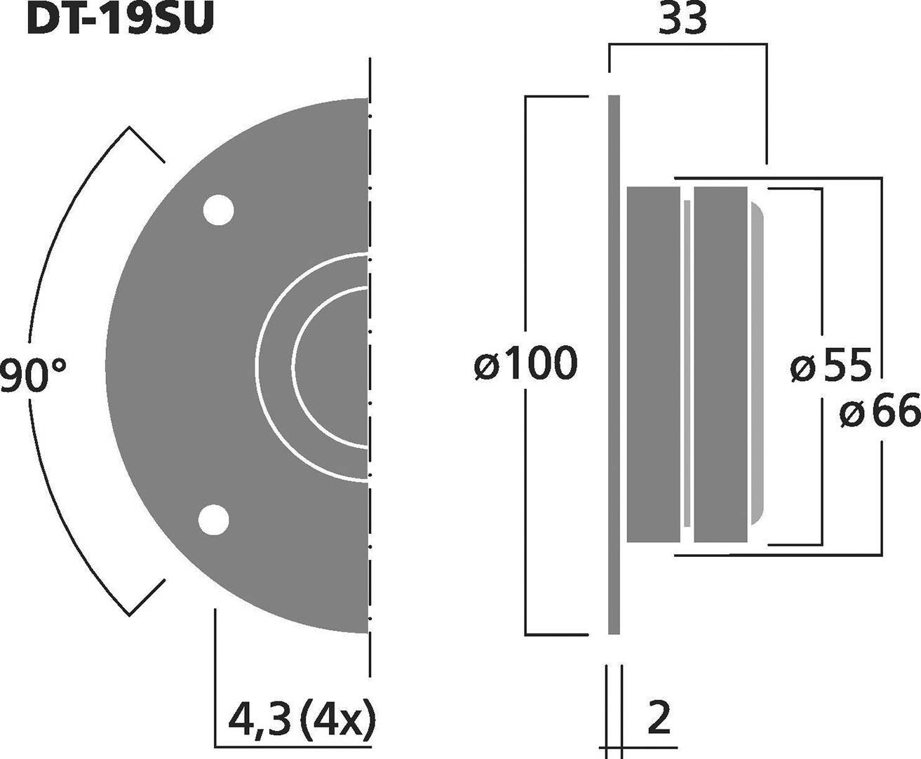 Technische Zeichnung eines Flansches DT-19SU. Gezeigt sind Seiten- und Draufsicht mit Maßen: Durchmesser 100 mm, Dicke 33 mm. Lochdurchmesser 4,3 mm, Bohrungen im 90-Grad-Winkel.