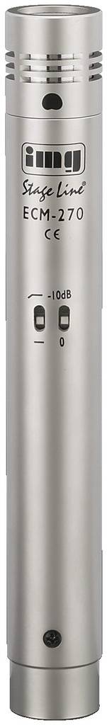 Mikrofon, zylindrisch, silbern, mit Aufschrift 'Stage Line ECM-270 CE'. Geeignet für professionelle Audioaufnahmen und Bühnennutzung.