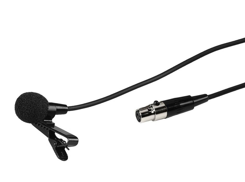 Ein schwarzes Ansteckmikrofon mit Clip und Kabel endet in einem silbernen Anschluss. Ideal für freihändige Audioaufnahmen.