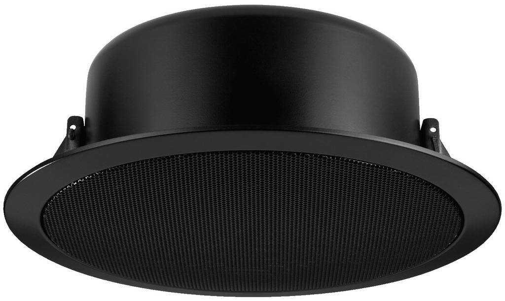 Schwarzer Deckenlautsprecher mit runder Form und Gitterabdeckung, geeignet für Audioübertragung in Innenräumen.
