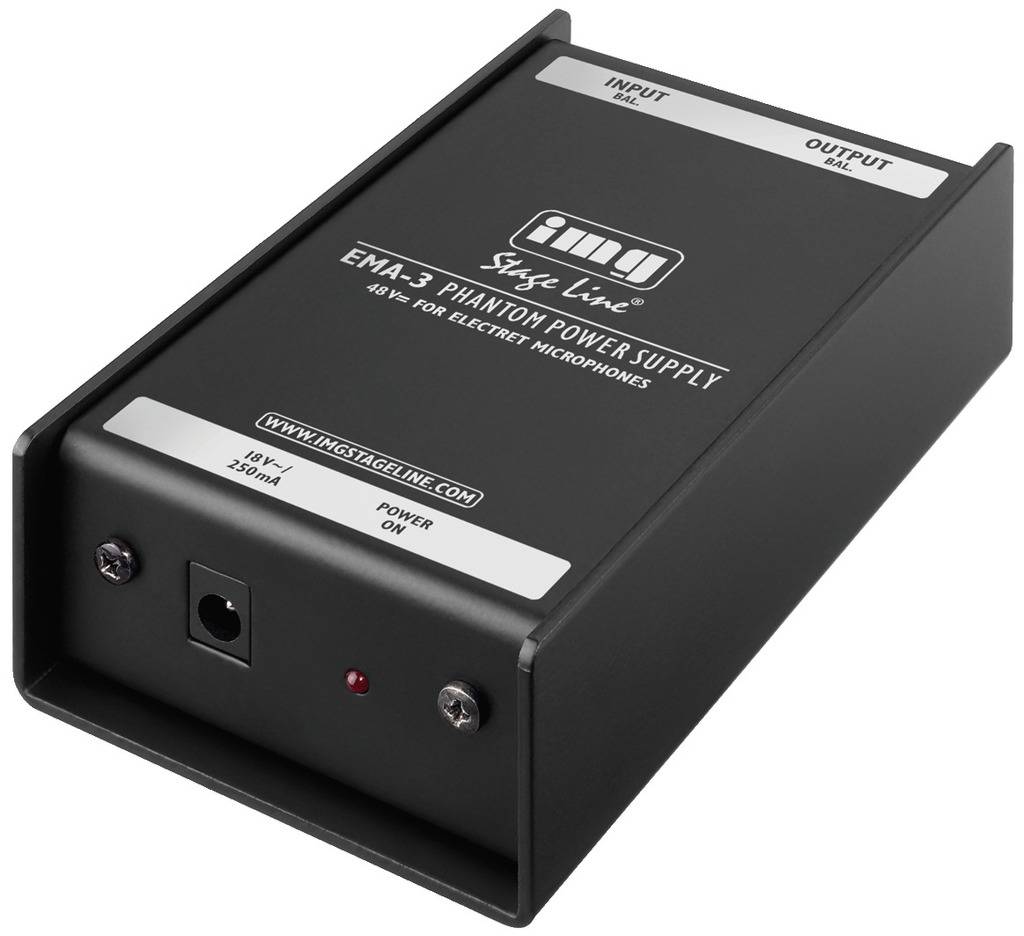 Schwarze Phantom-Stromversorgungseinheit für Elektretmikrofone mit Eingangs- und Ausgangsanschlüssen, Modell EMA-3.