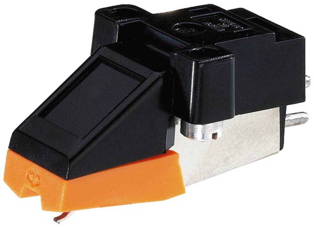 Ein schwarzer Tonabnehmer mit einer orangefarbenen Nadelspitze für Plattenspieler, der Schallplatten abtastet und in Audiosignale umwandelt.