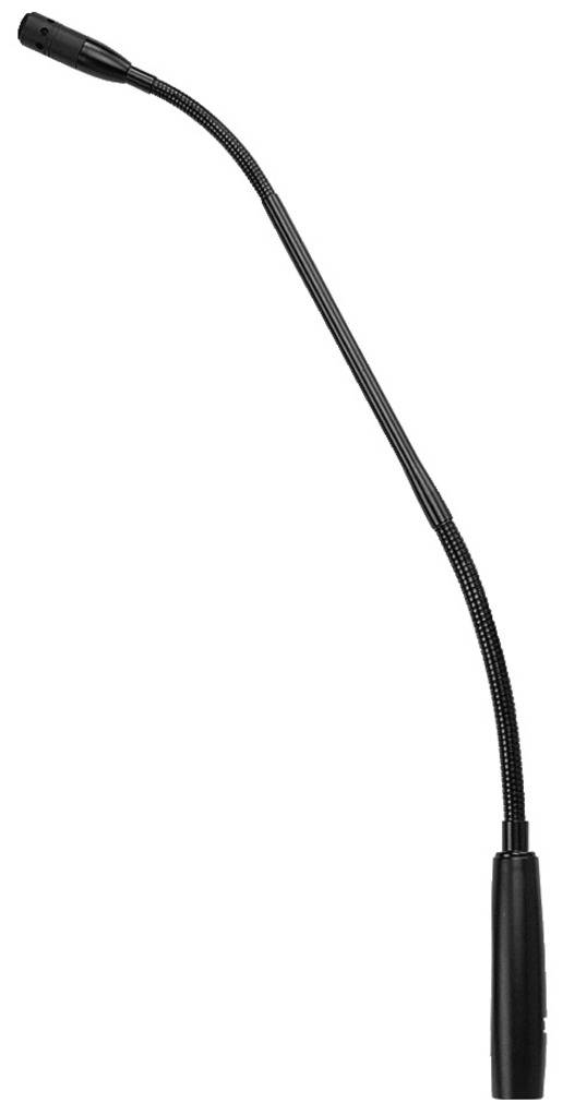 Das Bild zeigt ein flexibles Schwanenhalsmikrofon mit einem schwarzen, langen, biegbaren Hals und einem zylindrischen Sockel.