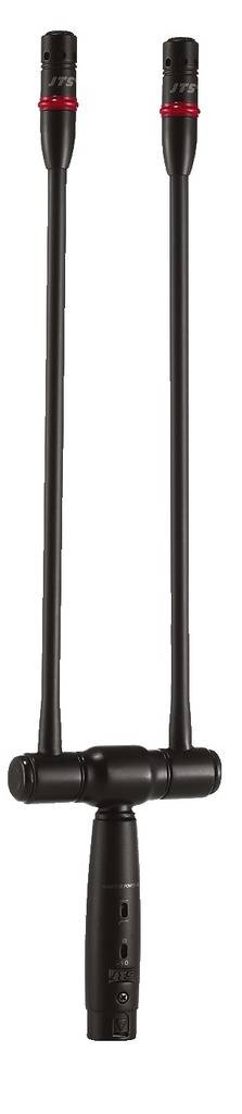 Schwarzes duales Mikrofon mit roten Akzenten, zwei lange flexible Stäbe, geeignet für Audioaufnahmen.