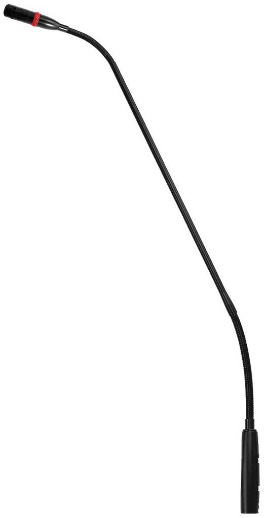 Ein langer, schlanker Schwanenhals-Mikrofonarm mit rotem Ring am oberen Ende. Ideal für Rednerpulte und Konferenzsysteme.