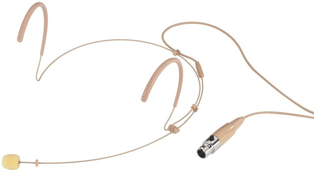 Hautfarbenes Headset-Mikrofon mit Ohrbügeln und XLR-Stecker, geeignet für drahtlose Audio-Übertragung bei Bühnenauftritten.