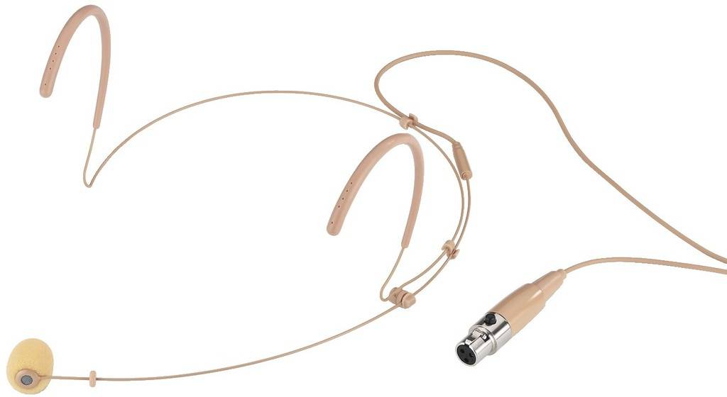 Hautfarbenes Headset-Mikrofon mit Ohrbügel und XLR-Stecker, geeignet für Vorträge oder Bühnenauftritte.