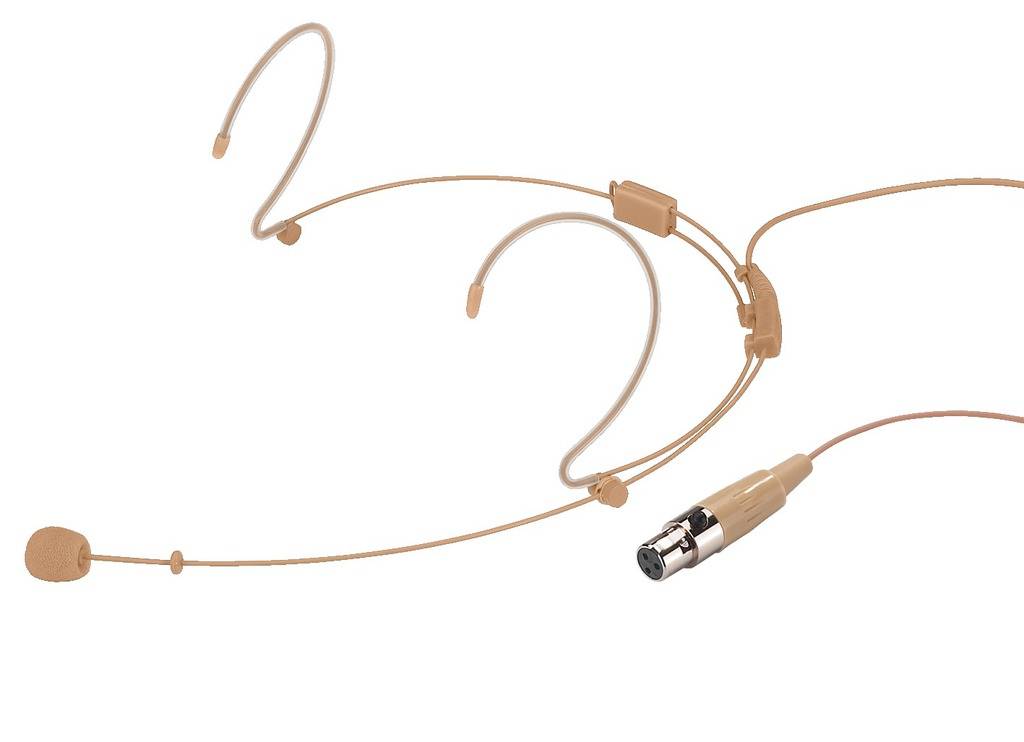 Ein hautfarbenes Headset-Mikrofon mit einem XLR-Anschluss, geeignet für Präsentationen, Bühnenauftritte oder öffentliche Reden.