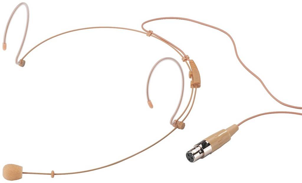 Hautfarbenes Headset-Mikrofon mit dünnem Stab und Ohrbügeln, geeignet für freihändige Sprachaufnahmen, mit Anschlussstecker.