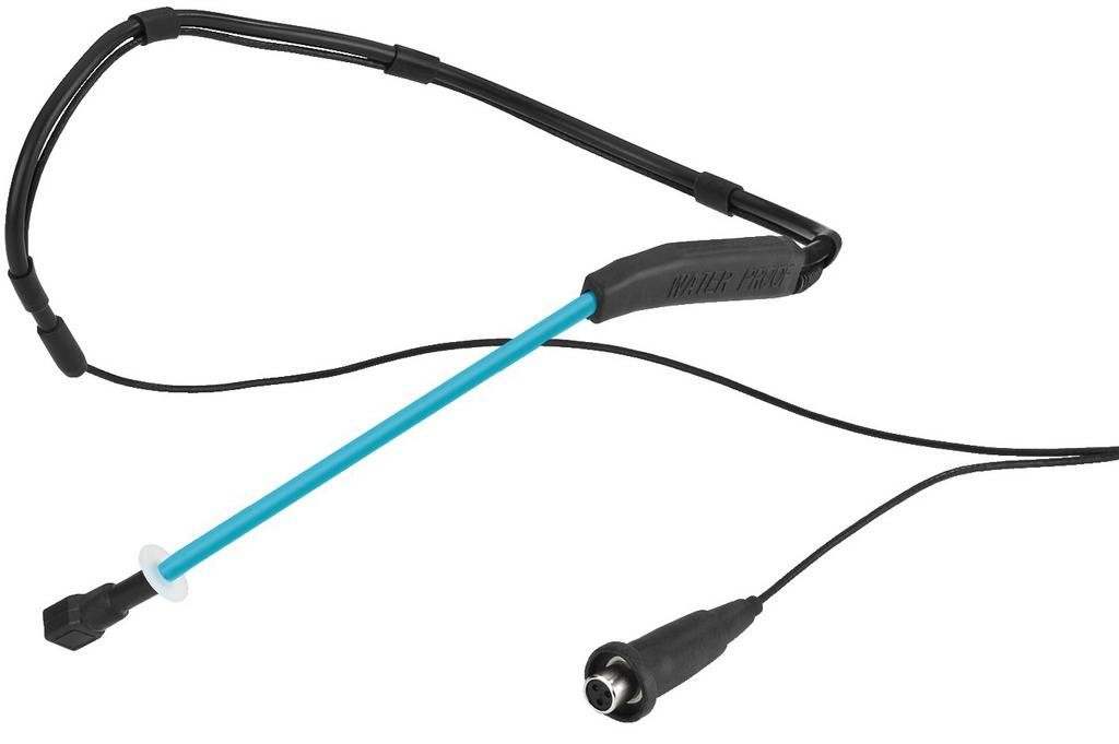 Ein blau-schwarzes Fahrrad-Bremskabel mit Metallkomponenten und einer Kunststoffmantelung, verwendet zur Steuerung der Fahrradbremsen.