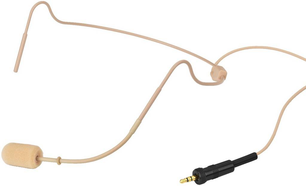 Ein hautfarbenes Headset-Mikrofon mit Ohrbügeln und einem 3,5-mm-Stecker, das für drahtlose Audioübertragung verwendet wird.