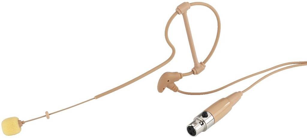 Ein hautfarbener Kopfbügel-Mikrofon mit flexiblem Arm und Anschlusskabel, geeignet für freihändige Sprach- oder Gesangsauftritte.