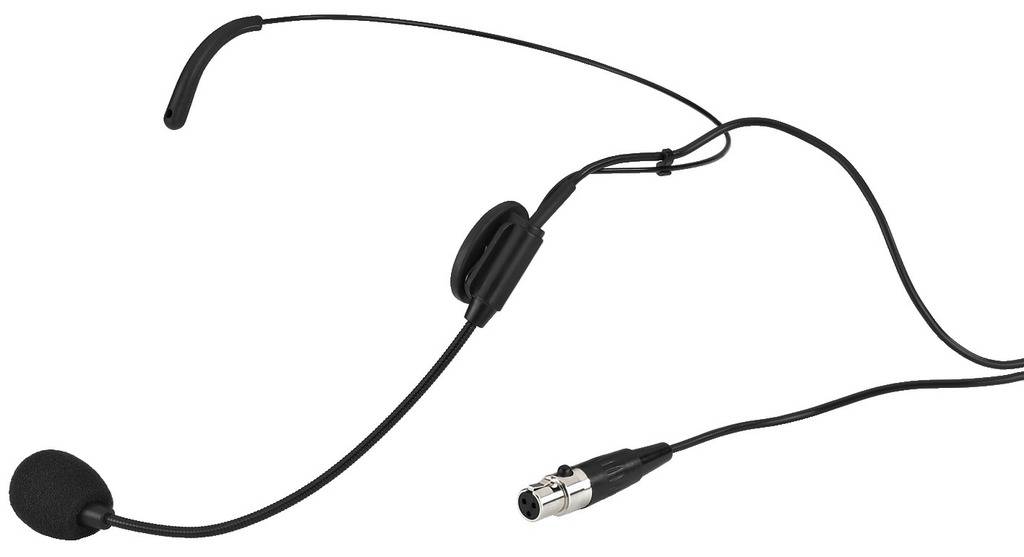 Ein schwarzes Headset-Mikrofon mit verstellbarem Bügel und XLR-Anschluss, geeignet für Präsentationen oder Bühnenauftritte.