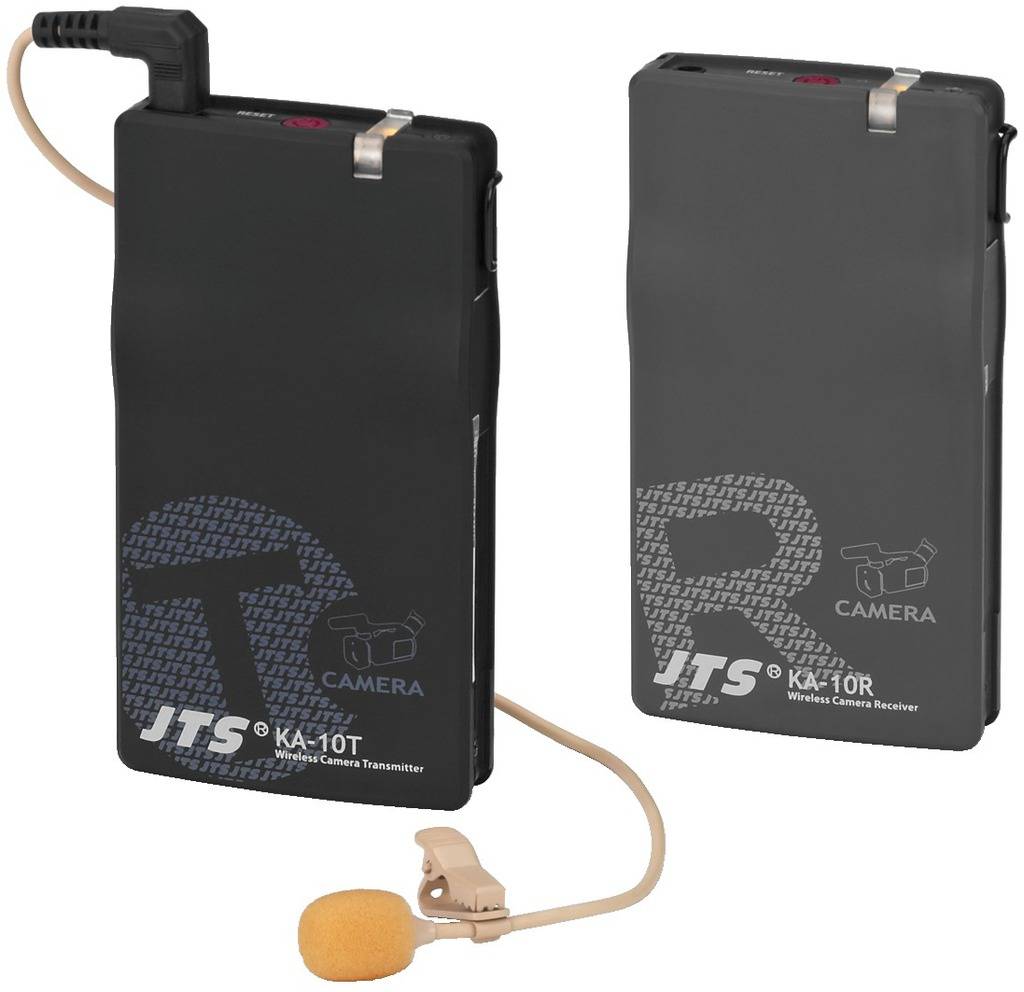 Zwei schwarze drahtlose Mikrofonempfänger und -transmitter von JTS, Modell KA-10T und KA-10R, mit Mikrofon und Kabel.