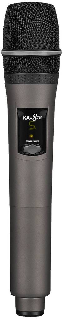 Ein drahtloses Mikrofon aus Metall mit einem runden Kopf, Anzeigebildschirm und Steuerelementen auf der Vorderseite.