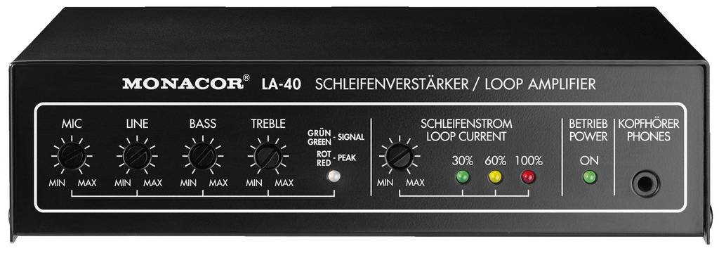 Ein Monacor LA-40 Schleifenverstärker mit Reglern für Mikrofon, Line, Bass, Treble und Schleifenstrom. Betriebs- und Kopfhöreranschlüsse sichtbar.