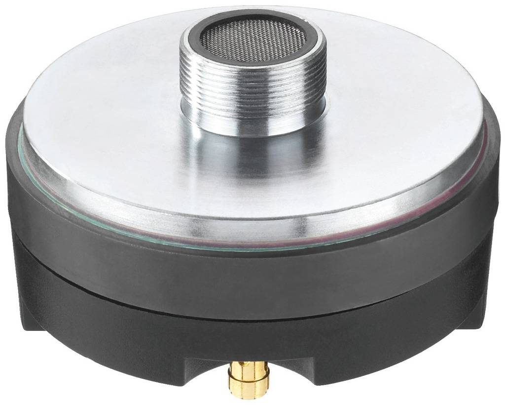 Metallsiebfilter mit rundem, verchromtem Gehäuse und schwarzem Sockel, seitlich mit einem kleinen goldenen Anschlussventil ausgestattet.