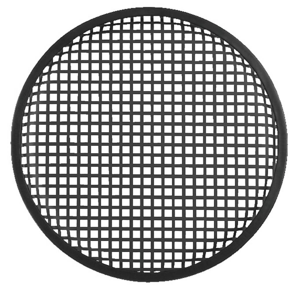 Ein rundes Gitter mit gleichmäßig verteilten quadratischen Öffnungen, schwarz und flach, vor weißem Hintergrund.