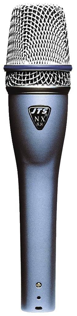 Ein silbernes Handmikrofon mit Netzabdeckung und schwarzem Logosymbol auf dem Griff. Ideal für Live-Auftritte oder Aufnahmen.