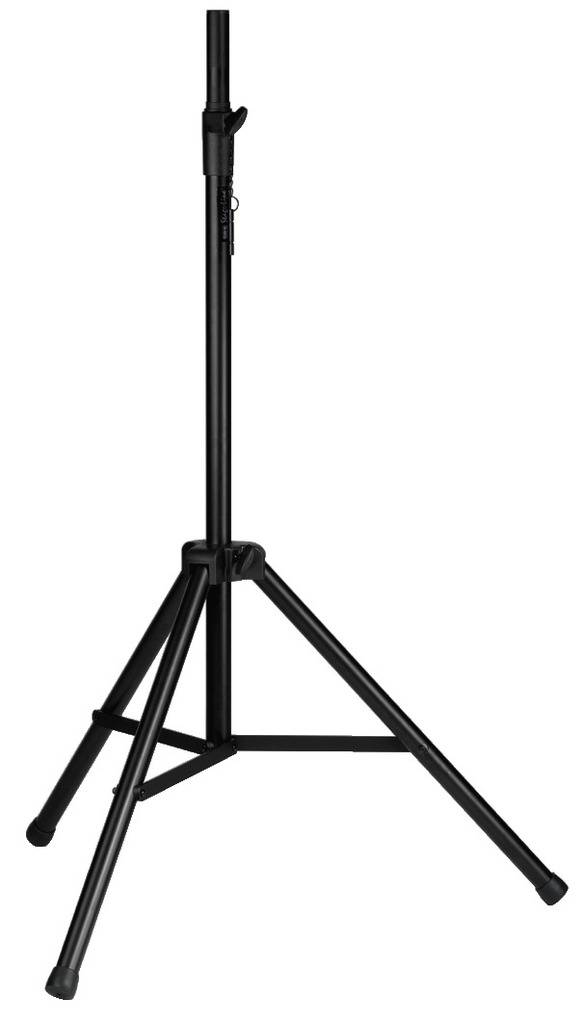 Schwarzes, höhenverstellbares Stativ mit drei Beinen, geeignet für Lautsprecher oder andere Geräte.