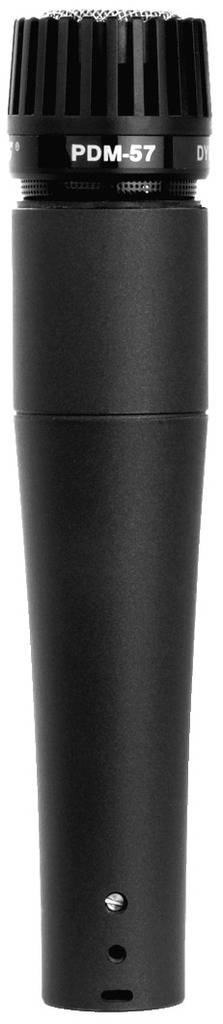 Schwarzes, zylindrisches Mikrofon mit der Aufschrift 'PDM-57' am oberen Teil; oft für Aufnahmen oder Live-Auftritte verwendet.
