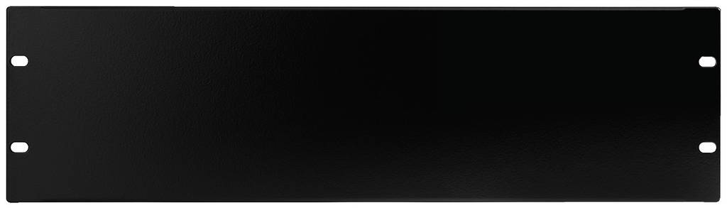 Schwarze und leere Frontplatte mit vier Löchern, die für die Montage in einem Rack geeignet ist.
