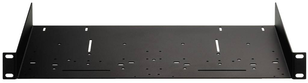 Ein schwarzes 19-Zoll-Rackregal zur Montage von Geräten in einem Server- oder Netzwerkschrank.