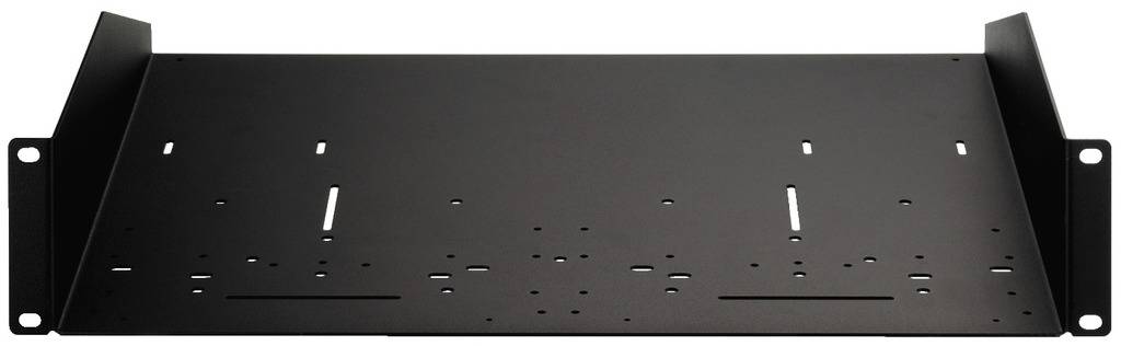 Schwarze Metallablage mit mehreren Befestigungslöchern, geeignet zur Montage von Geräten in einem Server-Rack oder Schrank.